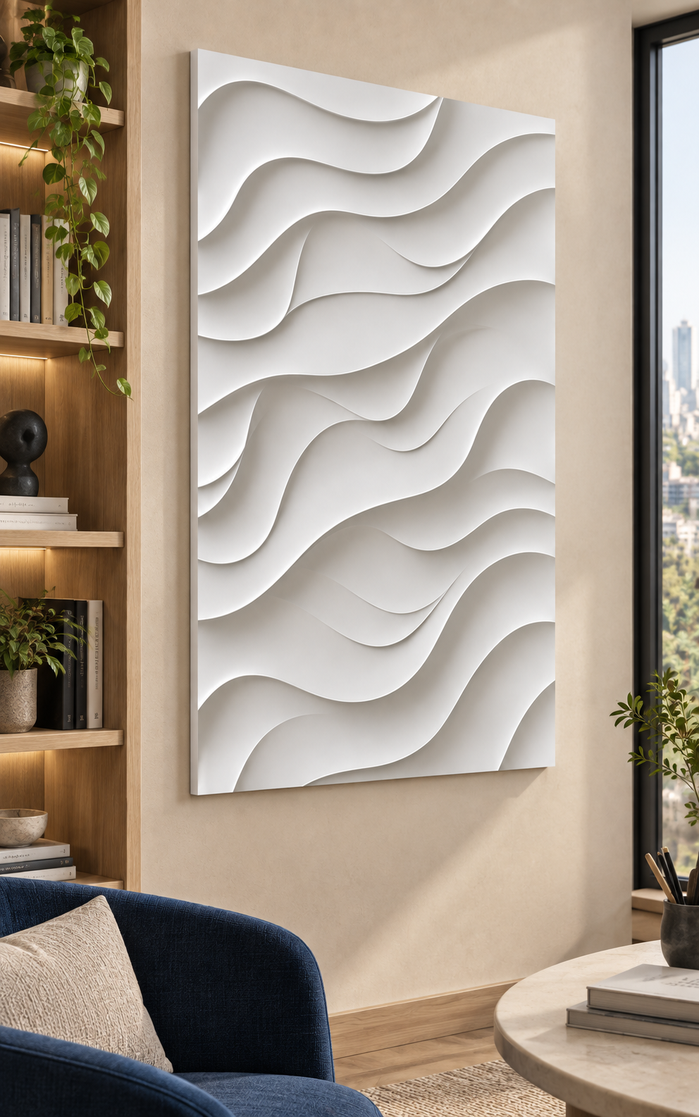 Diagonal Ribbon Tide Corian wall panel, left view in a Mumbai study lounge; AI-assisted concept visualisation