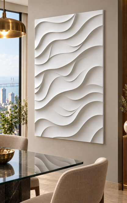 Diagonal Ribbon Tide Corian wall panel, right view in a Mumbai dining room feature wall; AI-assisted concept visualisation