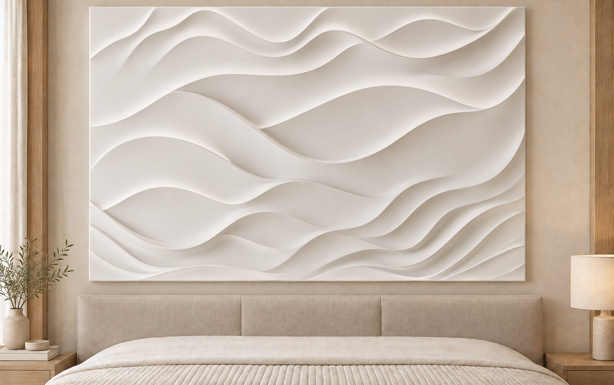 Drifting Dune Layers Corian wall panel, front view in a Mumbai bedroom headboard wall; AI-assisted concept visualisation