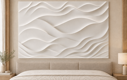 Drifting Dune Layers Corian wall panel, front view in a Mumbai bedroom headboard wall; AI-assisted concept visualisation