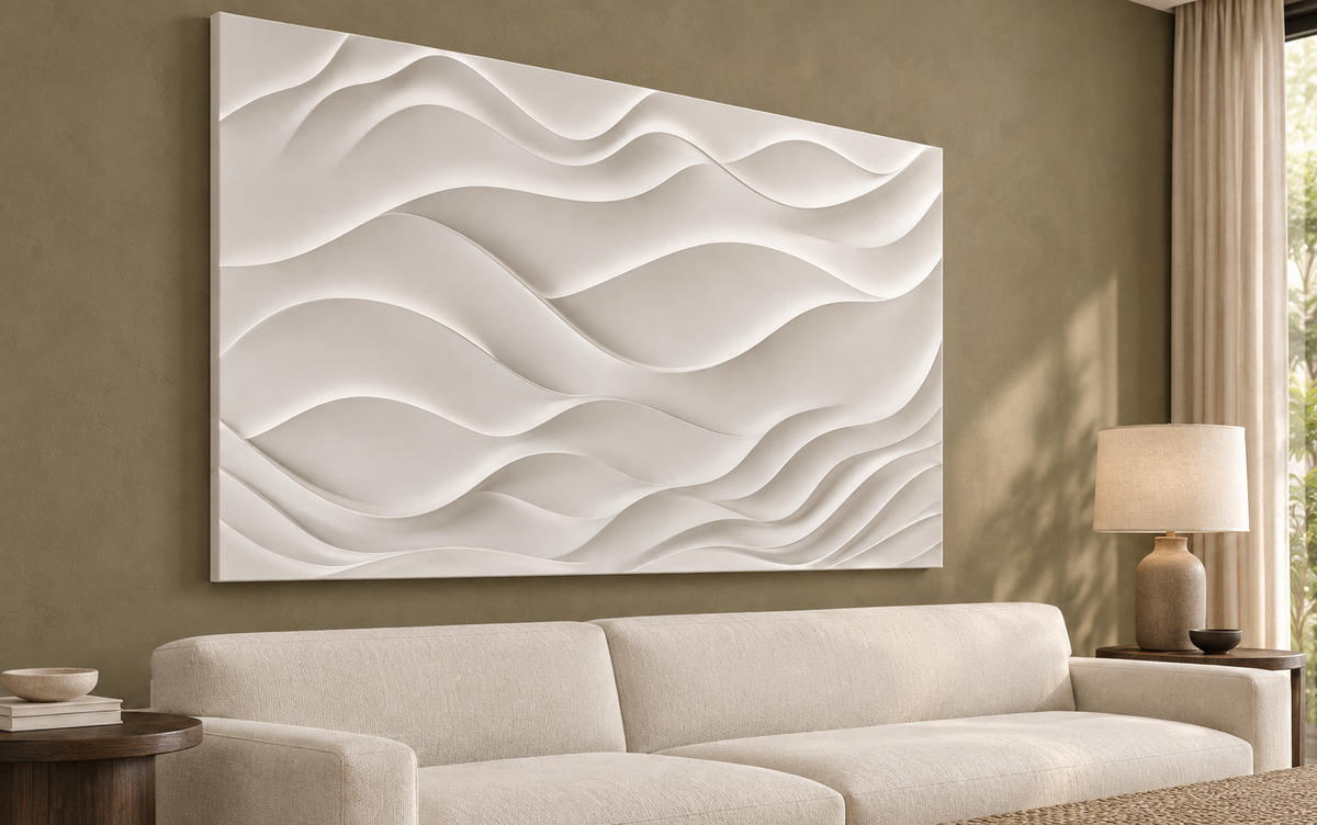 Drifting Dune Layers Corian wall panel, left view in a Mumbai living room sofa wall; AI-assisted concept visualisation
