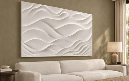 Drifting Dune Layers Corian wall panel, left view in a Mumbai living room sofa wall; AI-assisted concept visualisation
