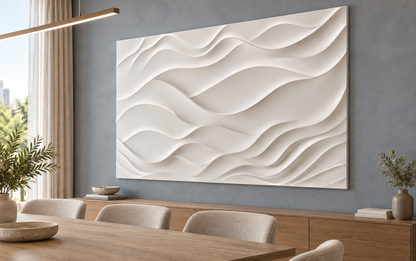 Drifting Dune Layers Corian wall panel, right view in a Mumbai dining room feature wall; AI-assisted concept visualisation