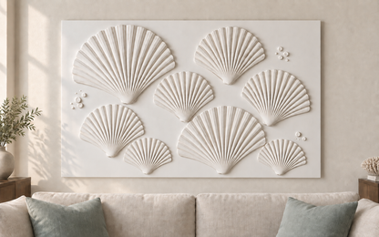 Eight Fan Shell Drift Corian wall panel, front view in a Mumbai living room sofa wall; AI-assisted concept visualisation