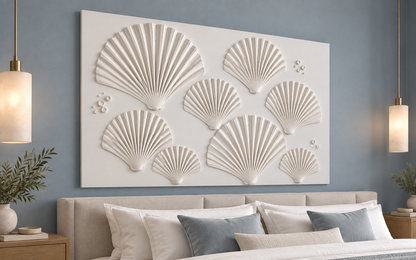 Eight Fan Shell Drift Corian wall panel, left view in a Mumbai bedroom headboard wall; AI-assisted concept visualisation