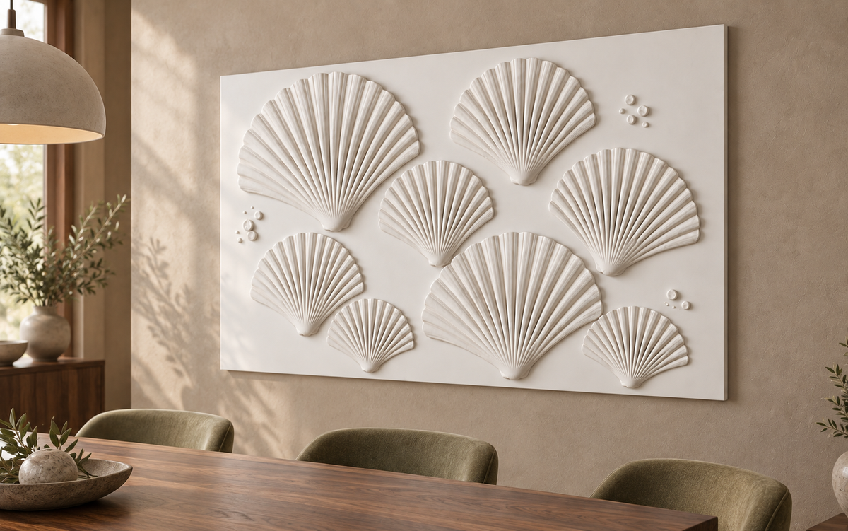 Eight Fan Shell Drift Corian wall panel, right view in a Mumbai dining room feature wall; AI-assisted concept visualisation