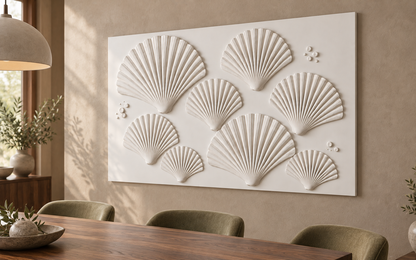 Eight Fan Shell Drift Corian wall panel, right view in a Mumbai dining room feature wall; AI-assisted concept visualisation