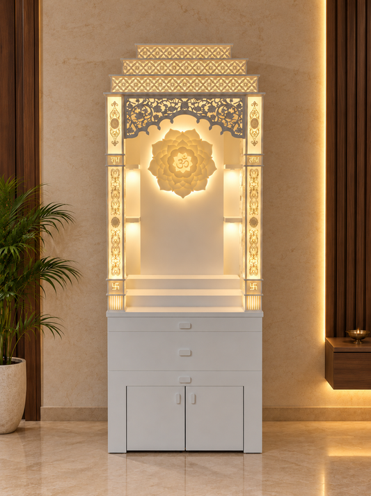Full front view of the Glacier White Corian mandir with sitting stand, tiered crown, lotus Om backlight and closed storage. Background digitally styled from the supplied product photographs; room decor not included.