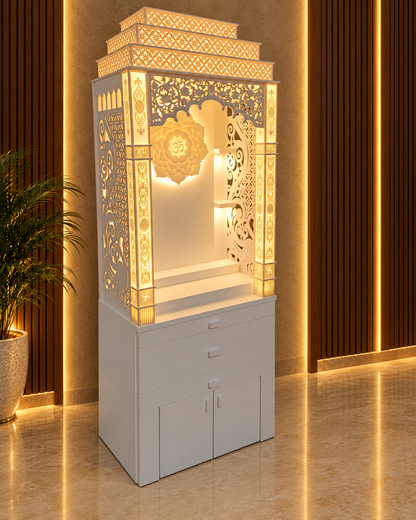 Left-side three-quarter view of Corian mandir with sitting stand, illuminated jali and closed storage. Background digitally styled from the supplied product photograph.