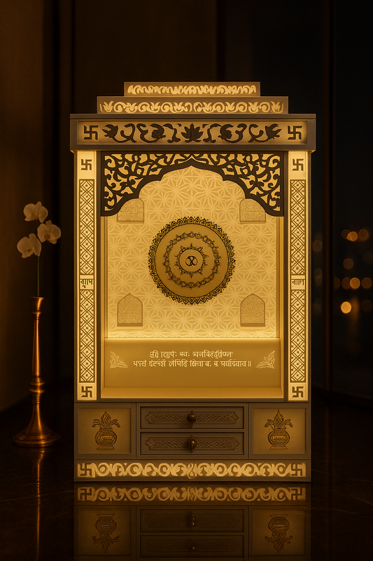 Backlit Gayatri Mantra Corian Mandir — Engraved Verse — Luxury Indian Home Interior — Satguru Creations