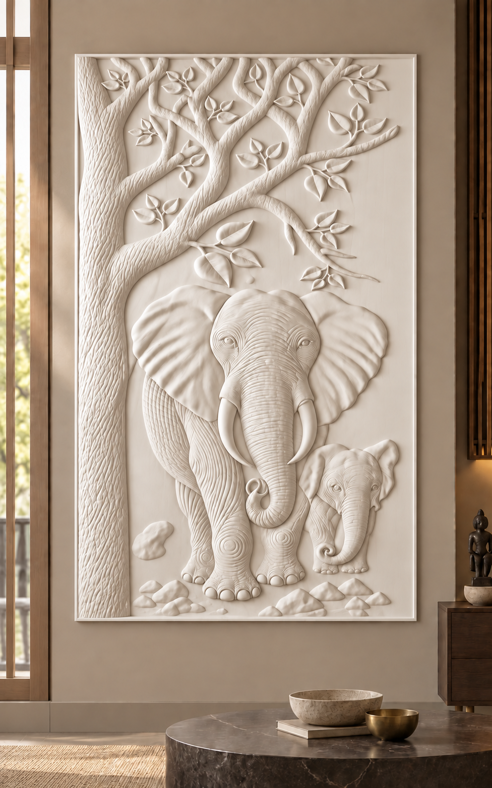 Elephant Family Canopy Corian wall panel, front view in a Mumbai family living room; AI-assisted concept visualisation