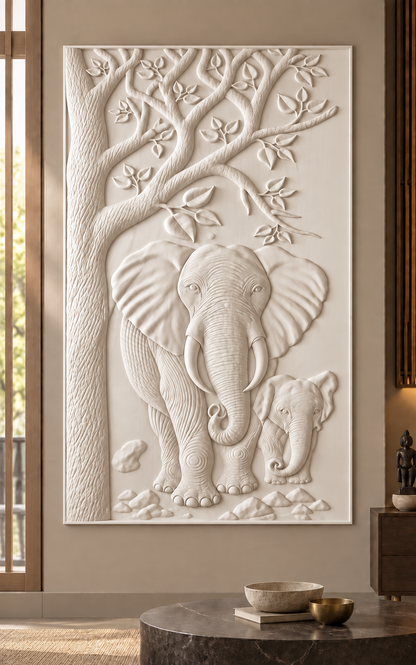 Elephant Family Canopy Corian wall panel, front view in a Mumbai family living room; AI-assisted concept visualisation