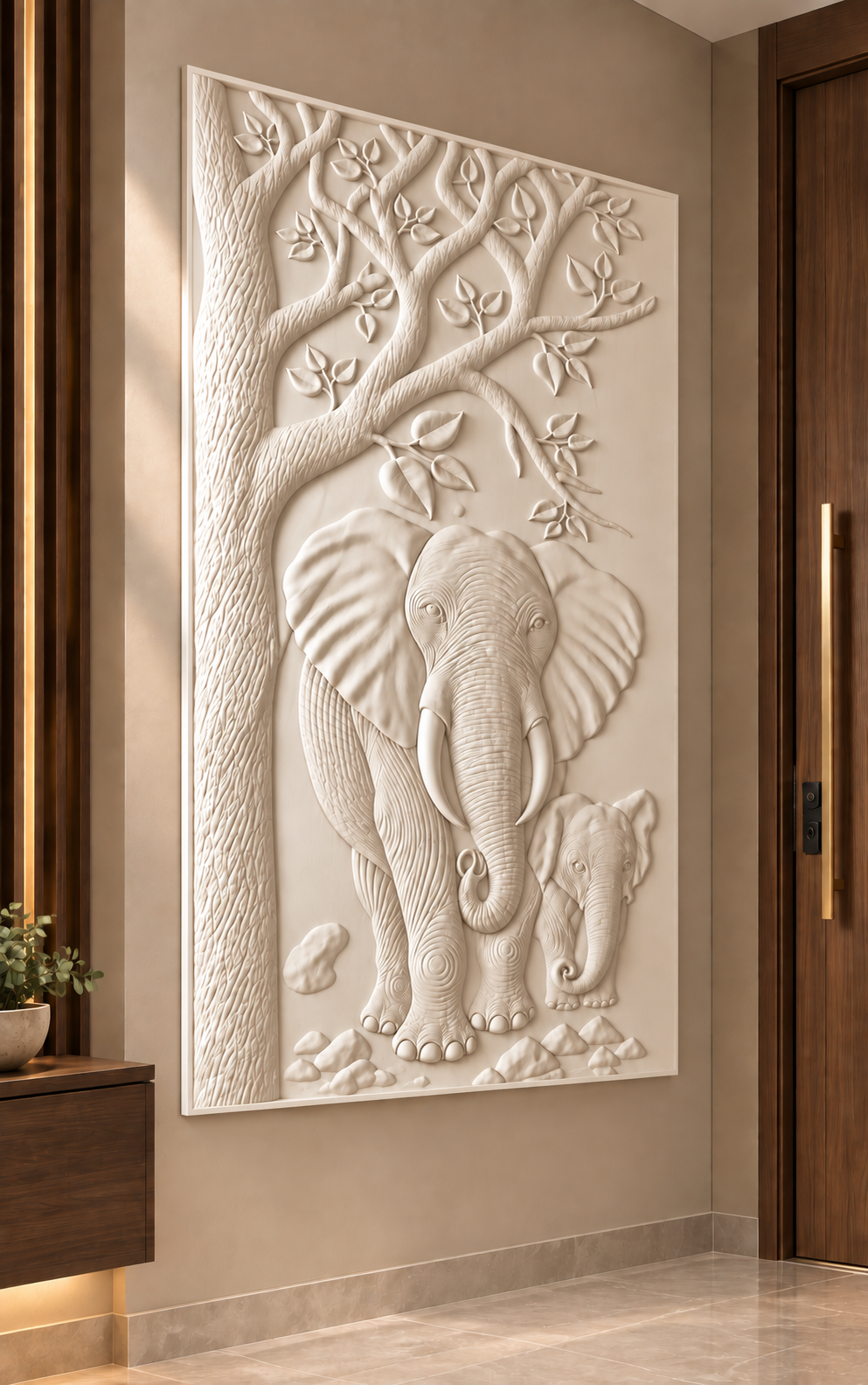 Elephant Family Canopy Corian wall panel, left view in a Mumbai entrance foyer; AI-assisted concept visualisation