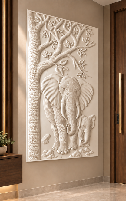 Elephant Family Canopy Corian wall panel, left view in a Mumbai entrance foyer; AI-assisted concept visualisation