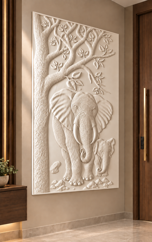 Elephant Family Canopy Corian wall panel, left view in a Mumbai entrance foyer; AI-assisted concept visualisation