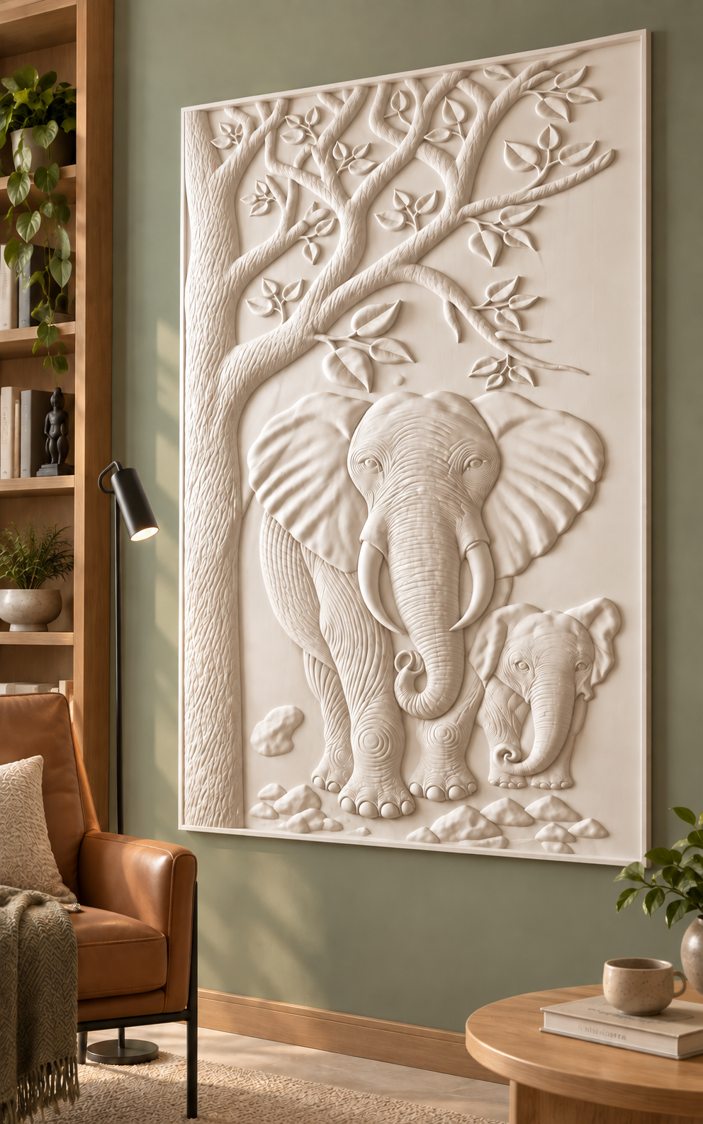 Elephant Family Canopy Corian wall panel, right view in a Mumbai reading lounge; AI-assisted concept visualisation