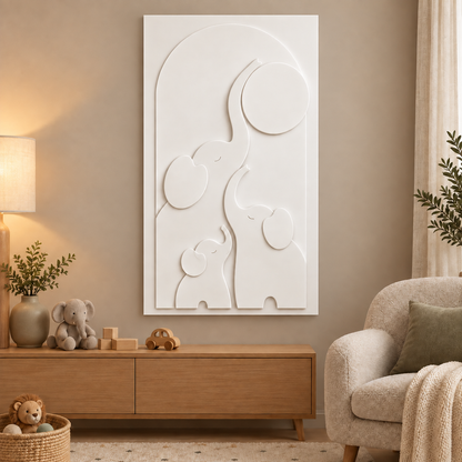 Elephant Family Moon Reach Corian Wall Panel, front view in a Mumbai nursery sitting corner, 2.5 x 4 ft concept visualisation