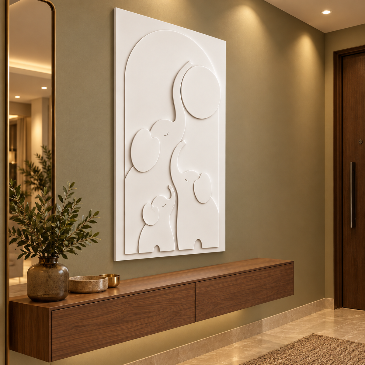 Elephant Family Moon Reach Corian Wall Panel, left view in a Mumbai apartment entry foyer, 2.5 x 4 ft concept visualisation