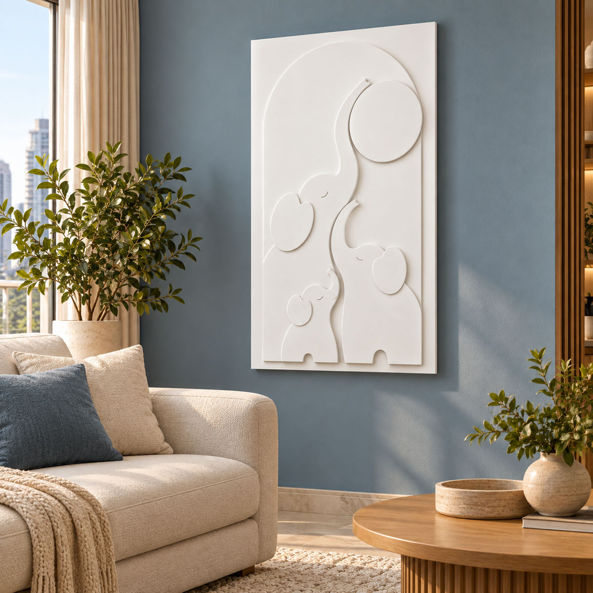 Elephant Family Moon Reach Corian Wall Panel, right view in a Mumbai apartment family lounge, 2.5 x 4 ft concept visualisation