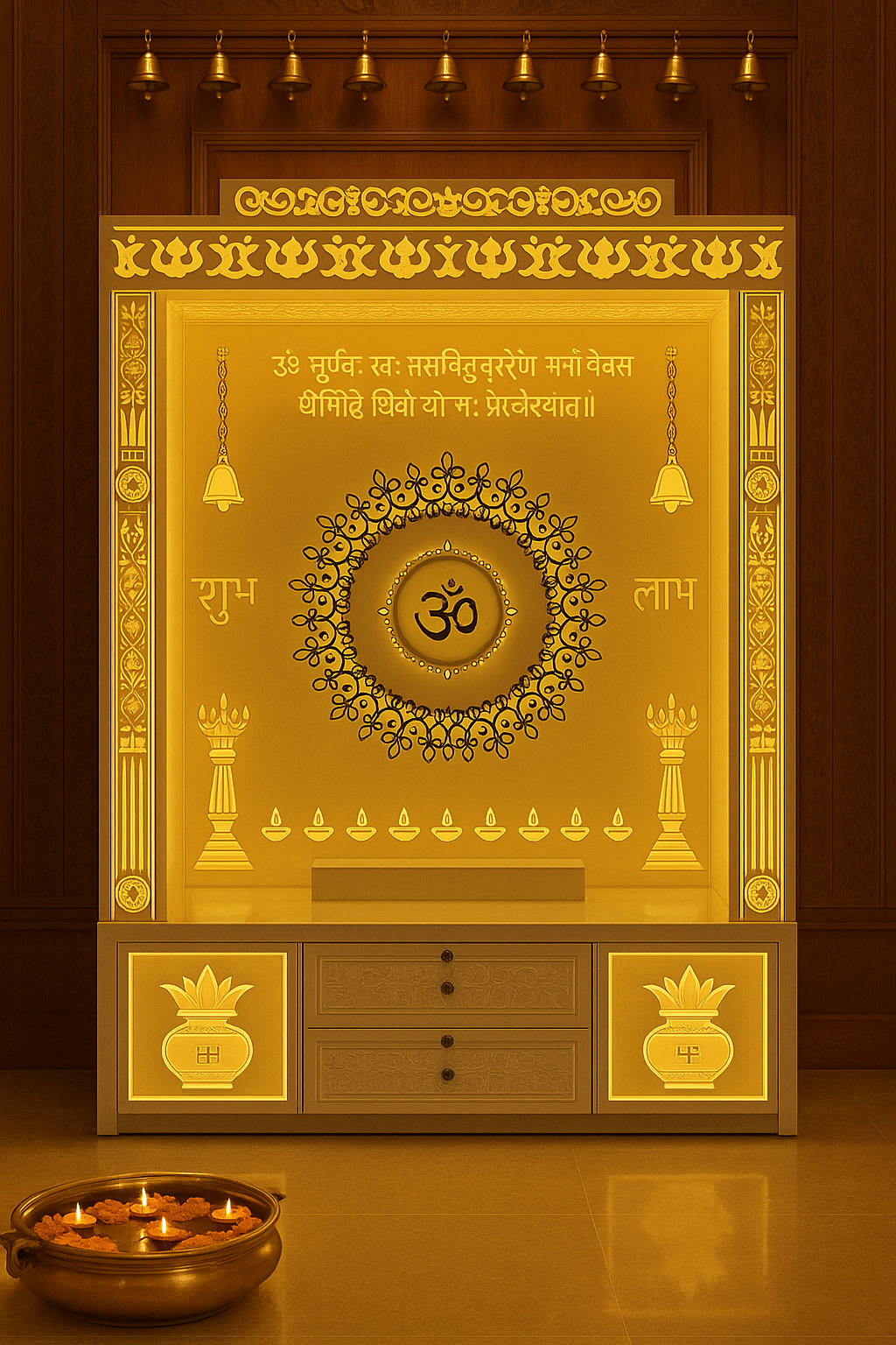Exotic Designer Corian Temple for Home — Luxury Mandir — Luxury Indian Home Interior — Satguru Creations