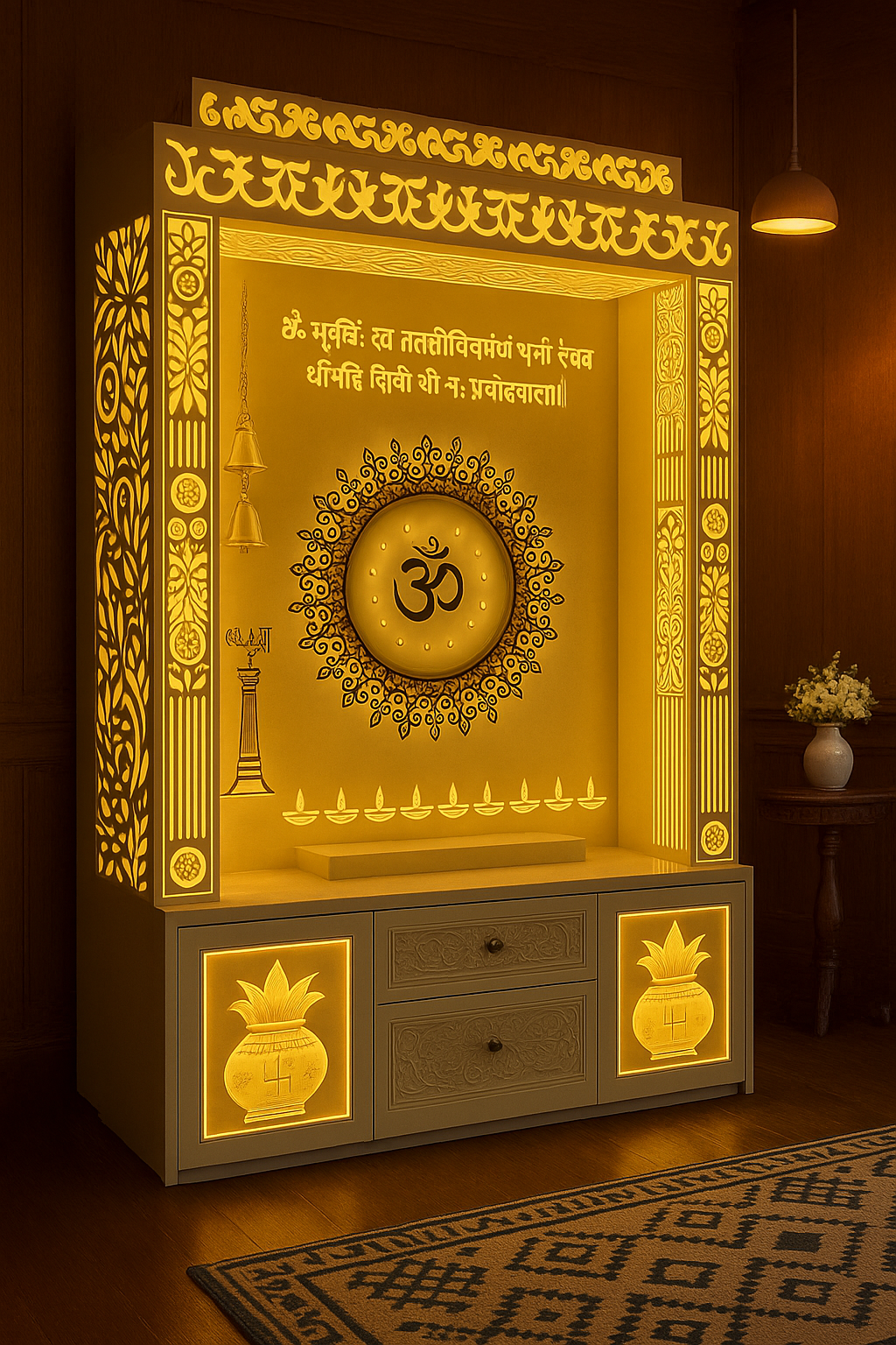 Exotic Designer Corian Temple for Home — Luxury Mandir — Luxury Indian Home Interior — Satguru Creations