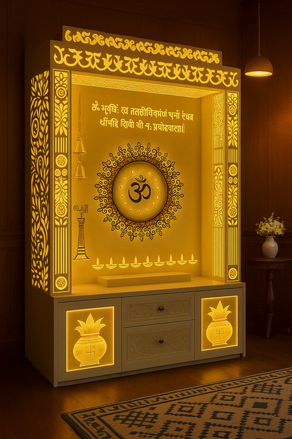 Exotic Designer Corian Temple for Home — Luxury Mandir — Luxury Indian Home Interior — Satguru Creations