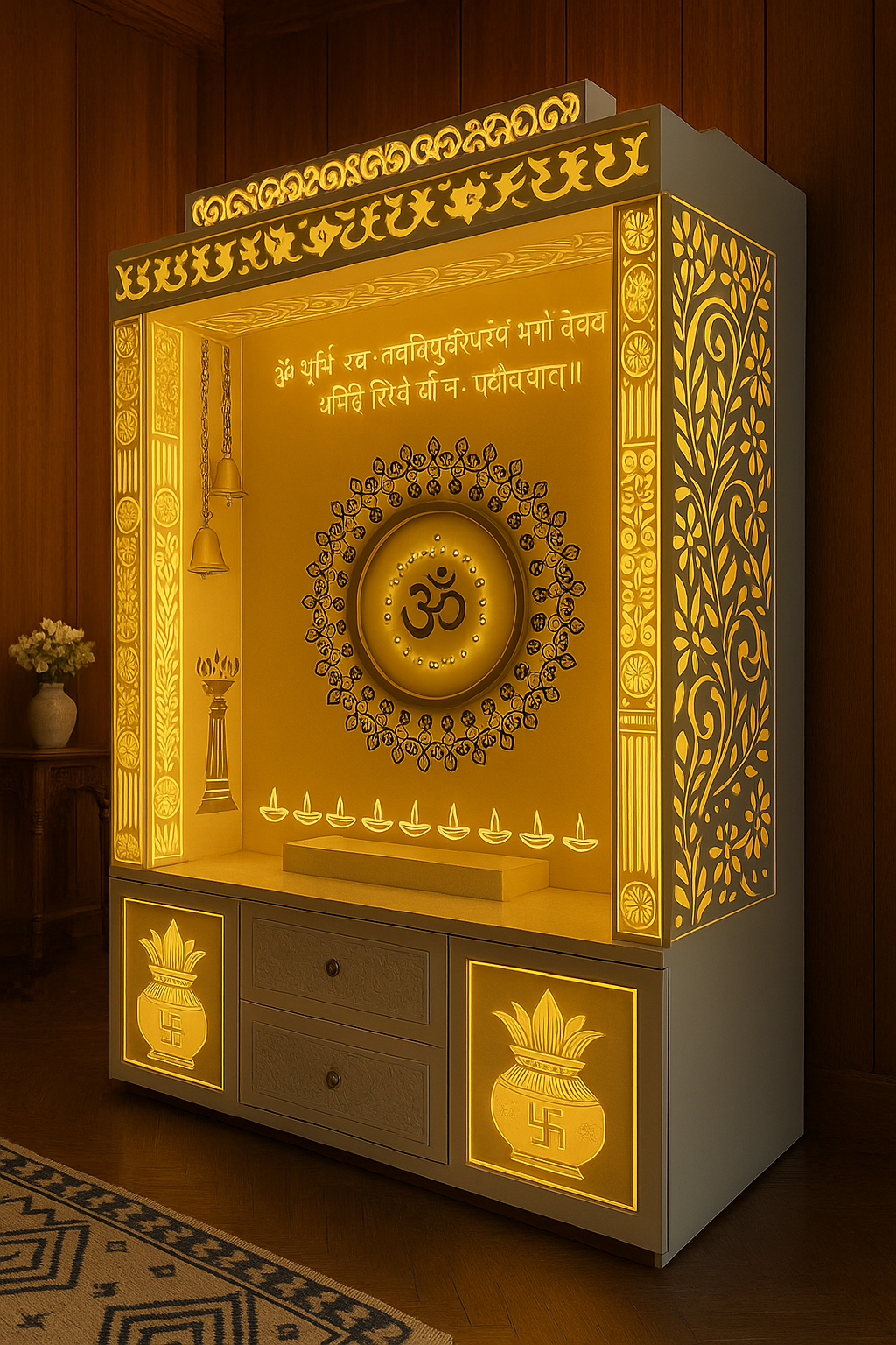 Exotic Designer Corian Temple for Home — Luxury Mandir — Luxury Indian Home Interior — Satguru Creations