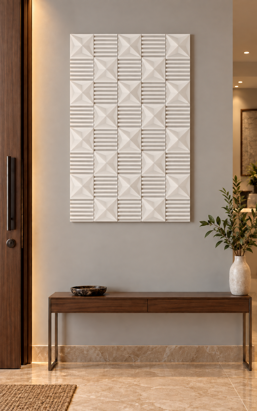 Facet and Flute Checker Corian wall panel, front view in a Mumbai modern entrance foyer; AI-assisted concept visualisation