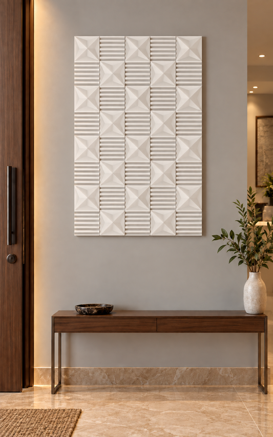 Facet and Flute Checker Corian wall panel, front view in a Mumbai modern entrance foyer; AI-assisted concept visualisation