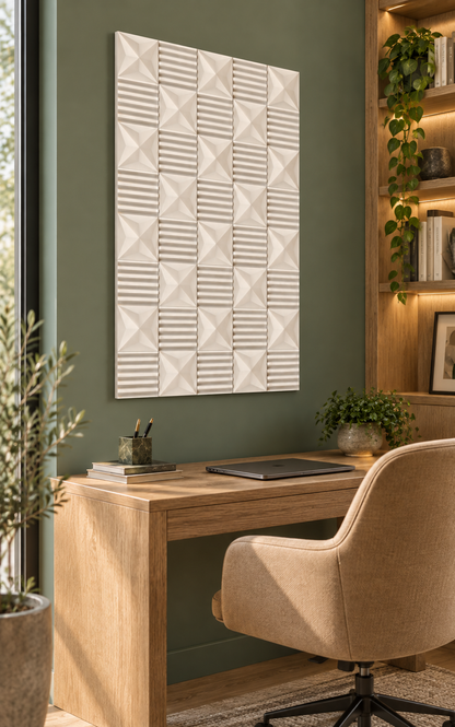 Facet and Flute Checker Corian wall panel, left view in a Mumbai home office; AI-assisted concept visualisation