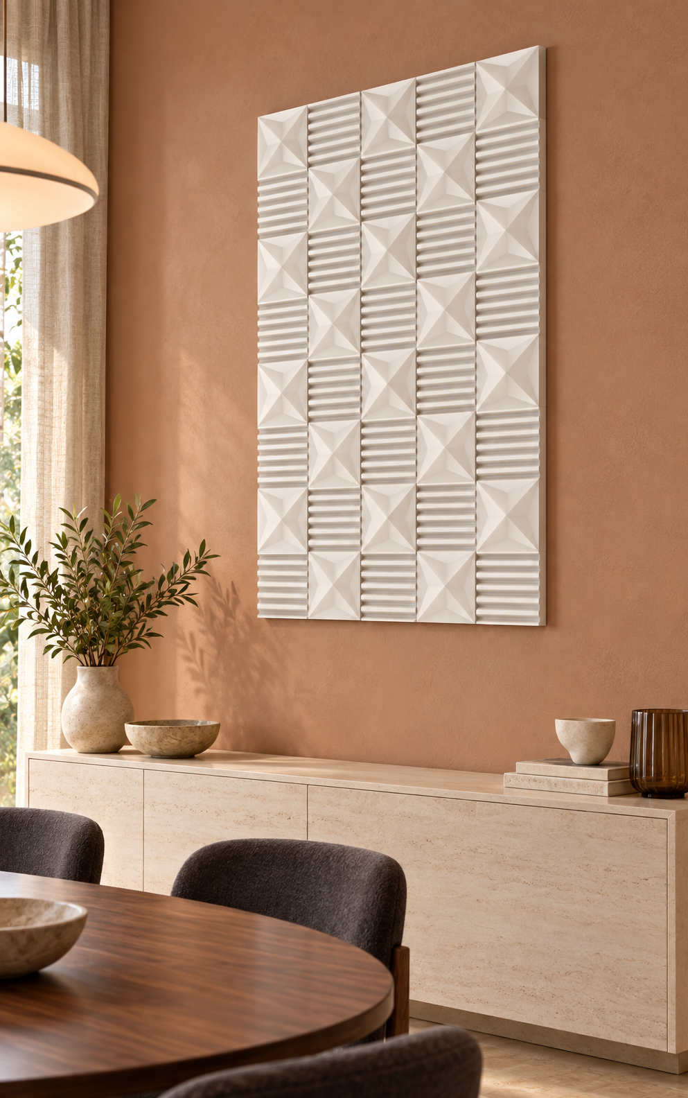 Facet and Flute Checker Corian wall panel, right view in a Mumbai contemporary dining room; AI-assisted concept visualisation