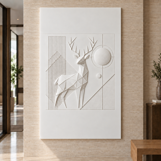 Faceted Stag Solar Grid Corian wall panel, front view in a Bandra apartment foyer