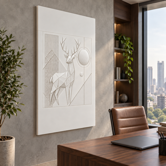 Faceted Stag Solar Grid Corian wall panel, left view in a Lower Parel home office