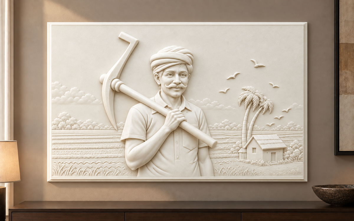 Farmer at the Fields Corian wall panel, 4 x 2.5 ft, front view in family lounge, 12–24 mm total depth