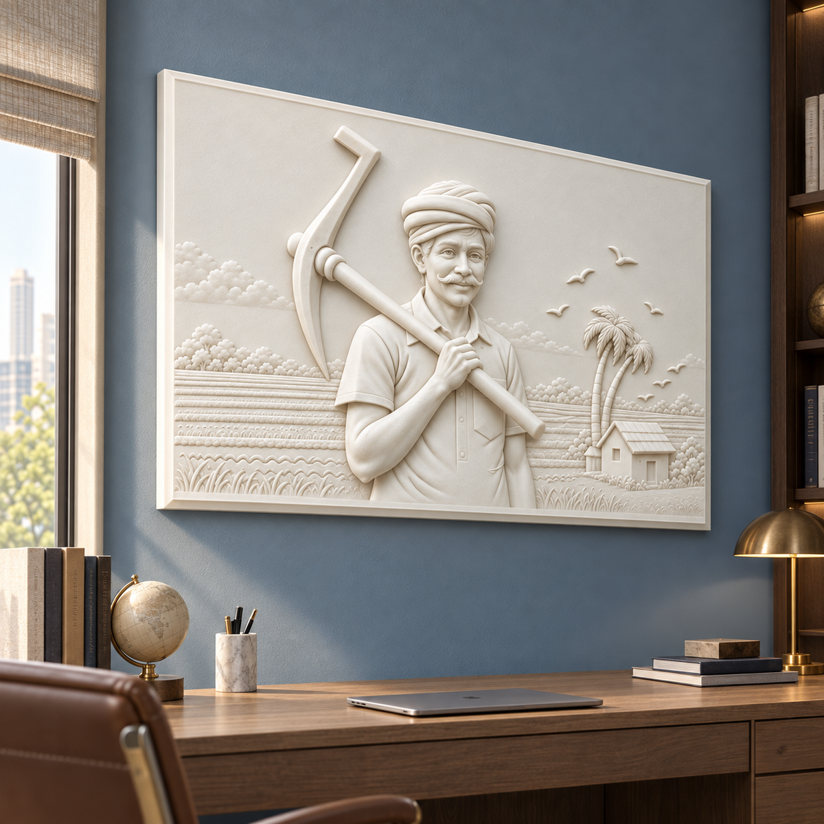 Farmer at the Fields Corian wall panel, 4 x 2.5 ft, left view in home study, 12–24 mm total depth