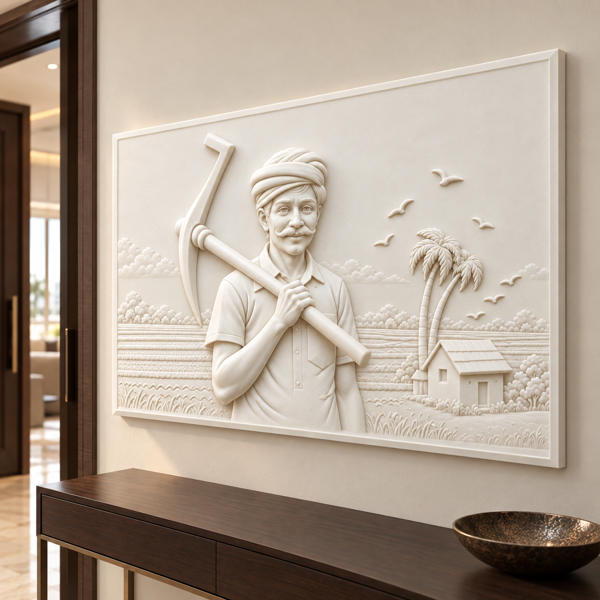 Farmer at the Fields Corian wall panel, 4 x 2.5 ft, right view in entrance gallery, 12–24 mm total depth