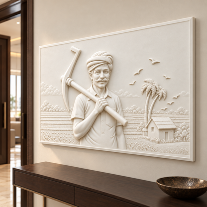 Farmer at the Fields Corian wall panel, 4 x 2.5 ft, right view in entrance gallery, 12–24 mm total depth