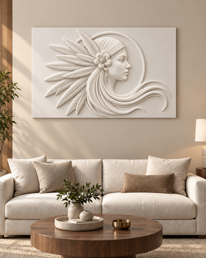 Feather Halo Profile Corian wall panel, front view in a Mumbai living room sofa wall; AI-assisted concept visualisation