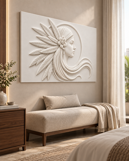Feather Halo Profile Corian wall panel, left view in a Mumbai bedroom lounge wall; AI-assisted concept visualisation