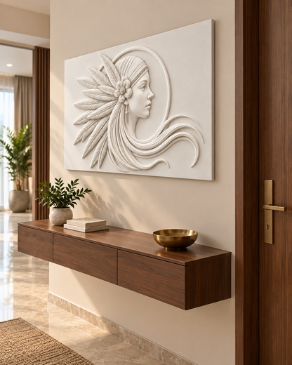 Feather Halo Profile Corian wall panel, right view in a Mumbai entrance reception wall; AI-assisted concept visualisation