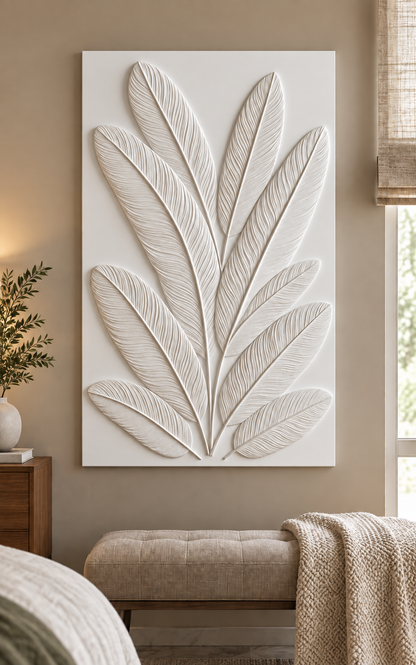 Feather Leaf Fan Corian wall panel, front view in a Vile Parle apartment bedroom reading corner