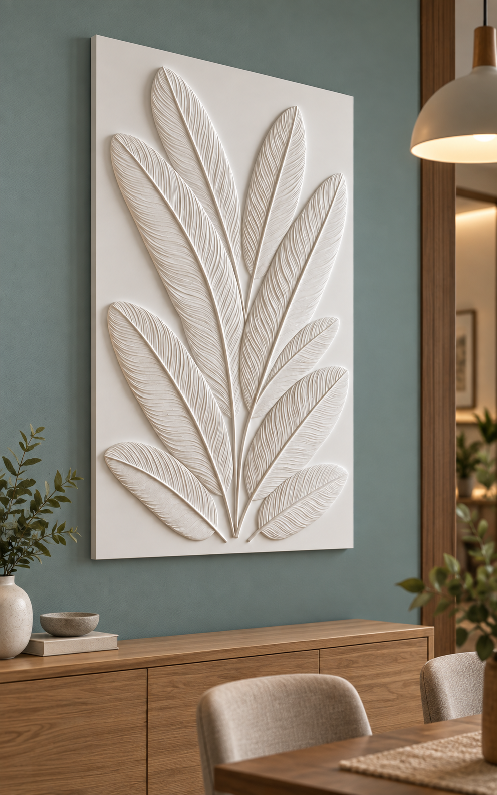 Feather Leaf Fan Corian wall panel, left view in a Ghatkopar apartment dining room