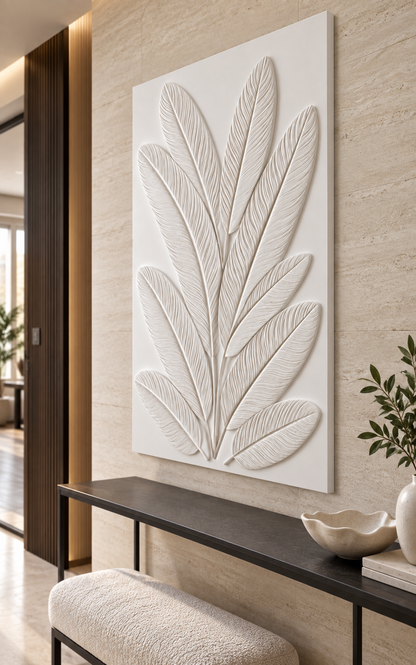 Feather Leaf Fan Corian wall panel, right view in a Andheri apartment entrance gallery