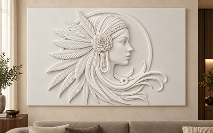 Feather Rose Muse Corian wall panel, front view in a Mumbai living room statement wall; AI-assisted concept visualisation
