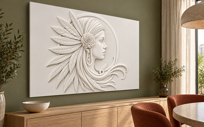 Feather Rose Muse Corian wall panel, left view in a Mumbai dining room sideboard wall; AI-assisted concept visualisation