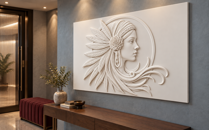 Feather Rose Muse Corian wall panel, right view in a Mumbai entrance reception area; AI-assisted concept visualisation
