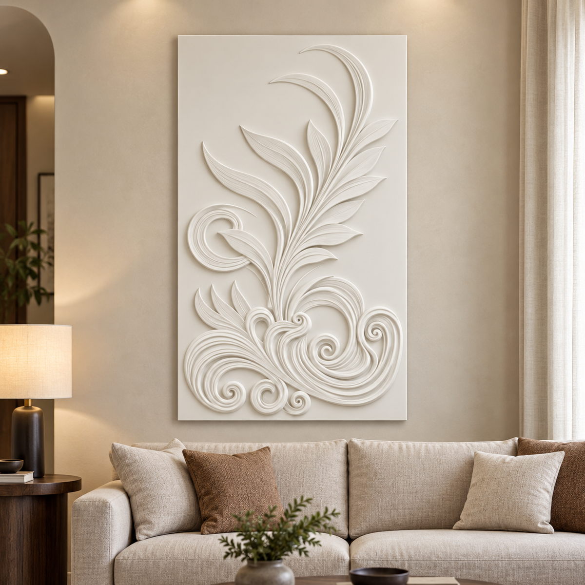 Feather Scroll Fountain Corian Wall Panel, front view in a Mumbai apartment living room, 2.5 x 4 ft concept visualisation