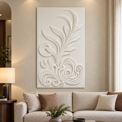 Feather Scroll Fountain Corian Wall Panel, front view in a Mumbai apartment living room, 2.5 x 4 ft concept visualisation