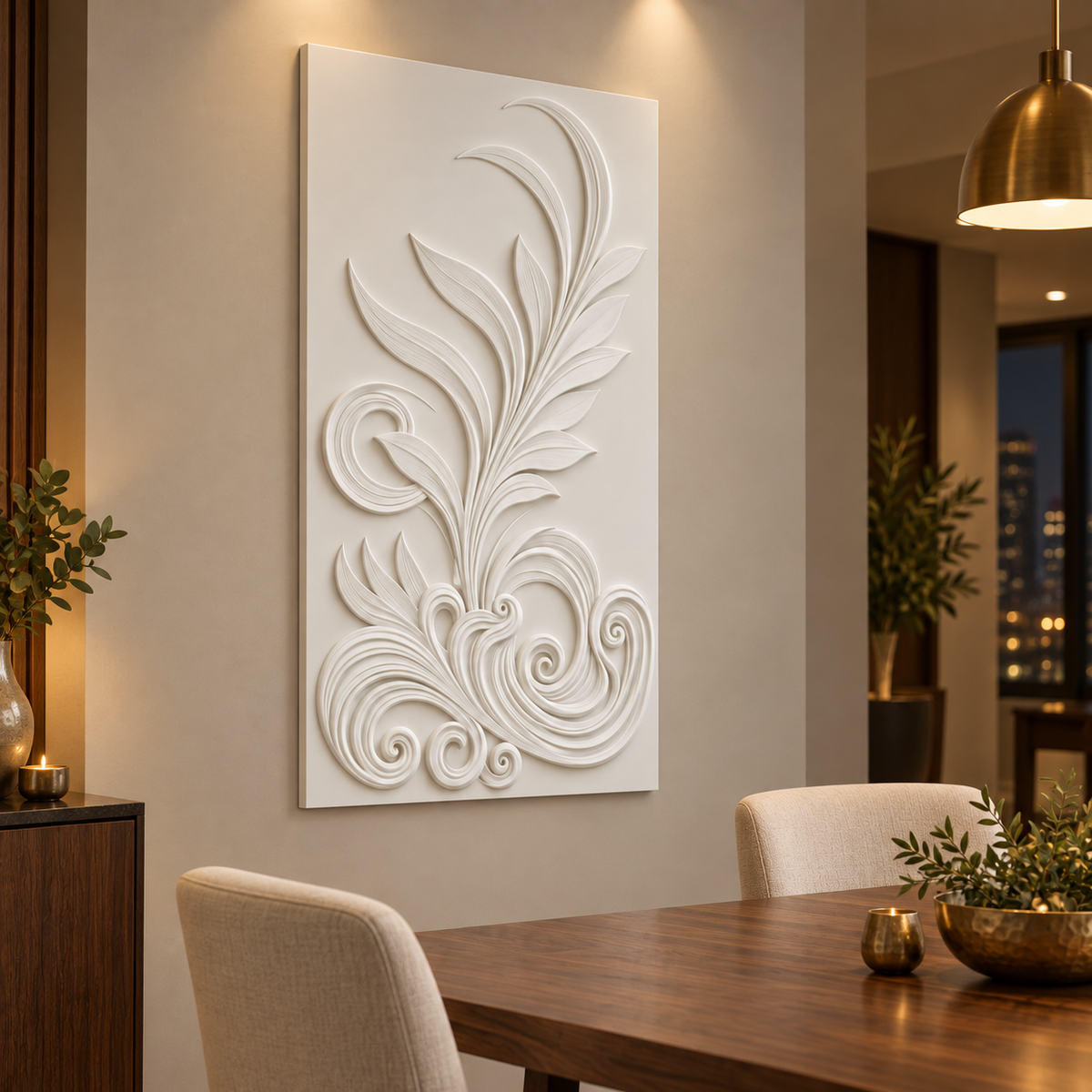 Feather Scroll Fountain Corian Wall Panel, left view in a Mumbai apartment dining room, 2.5 x 4 ft concept visualisation