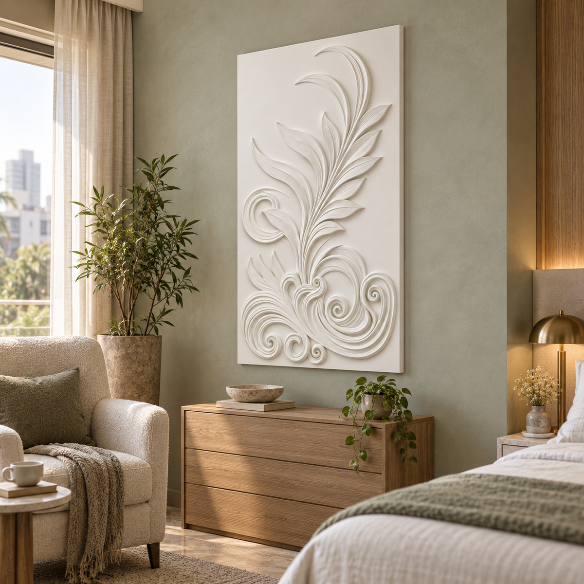 Feather Scroll Fountain Corian Wall Panel, right view in a Mumbai bedroom reading corner, 2.5 x 4 ft concept visualisation